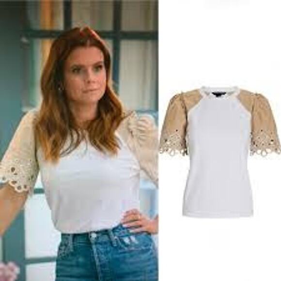 Veronica Beard Briana Embroidered Short-Puffed Sleeve Tee White & Light Khaki M - Picture 3 of 16